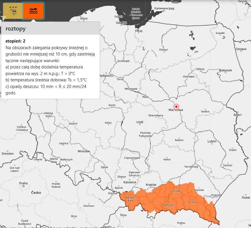 Mapa Polski z zaznaczonym na pomarańczowo południowym regionem kraju, obejmującym województwa przy granicy z Czechami i Słowacją. W lewym górnym rogu znajduje się ostrzeżenie drugiego stopnia o roztopach, z warunkami dotyczącymi temperatury, grubości p...