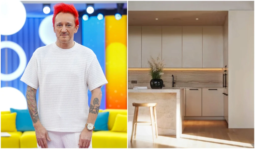 Mężczyzna z czerwonymi włosami ubrany w białą koszulkę stoi na tle kolorowych geometrycznych wzorów oraz nowoczesna minimalistyczna kuchnia z jasnymi meblami, wyspą kuchenną, krzesłem i dekoracyjnymi elementami.