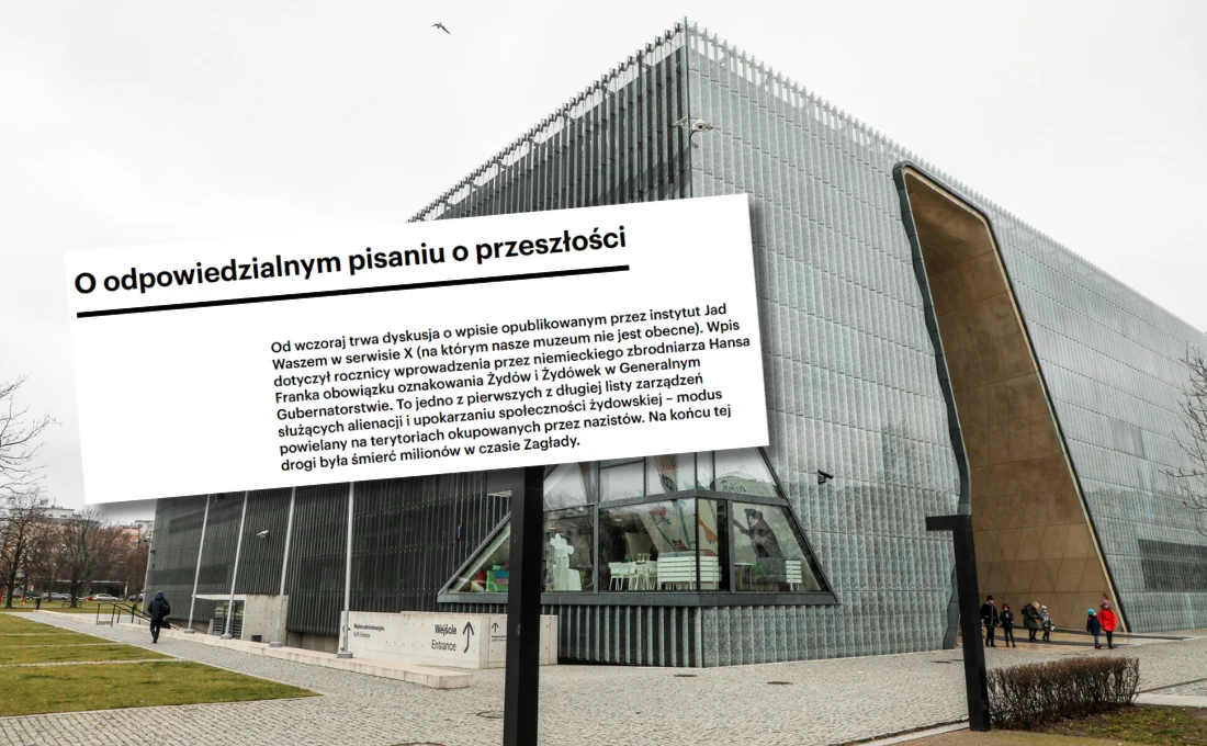 Muzeum Polin wydało oświadczenie po wpisie Jad Waszem Nowoczesny budynek Muzeum Historii Żydów Polskich POLIN z dużym przeszklonym frontem. Na pierwszym planie widoczna jest biała tablica z komunikatem na temat odpowiedzialnego pisania o przeszłości i odniesieniami do wydarzeń historycznych związanych z Z...