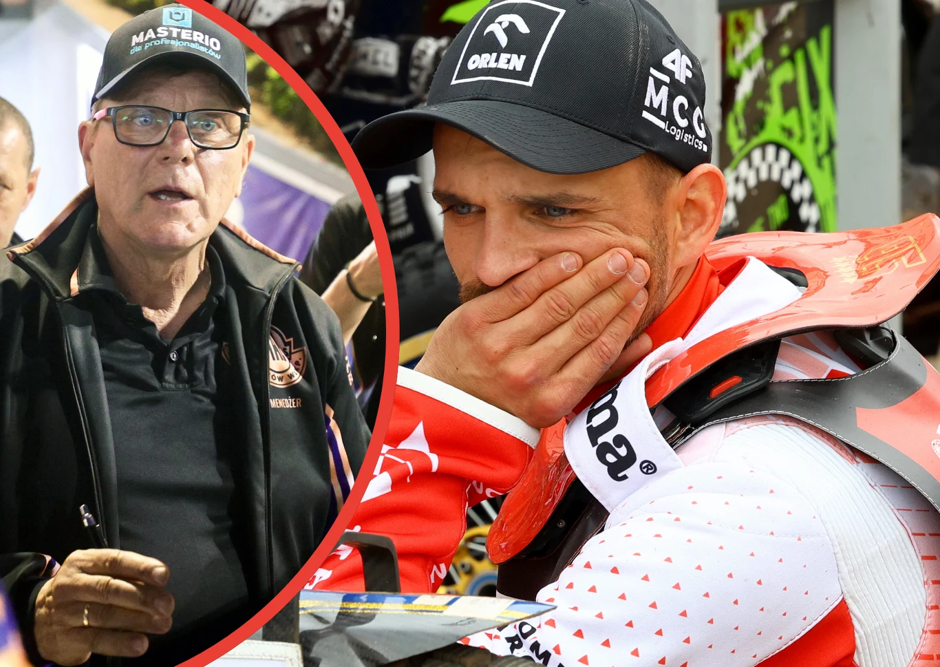 Trener reprezentacji Polski ostrzega przed DPŚ. Można się tylko domyślać, że chodzi mu m.in. o Bartosza Zmarzlika. Po lewej starszy mężczyzna w okularach oraz czapce z daszkiem, ubrany na czarno, po prawej sportowiec w czapce i kombinezonie rajdowym wpatrzony w bok, z ręką zakrywającą usta, wyrażający zadumę lub niepokój.