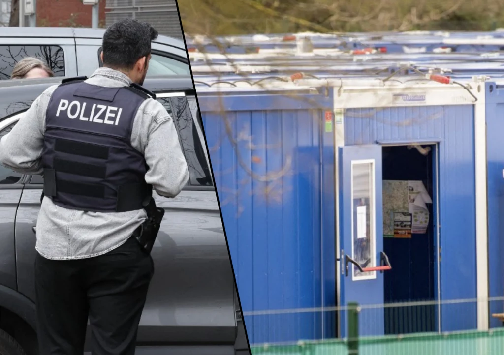 Policjant w kamizelce z napisem POLIZEI stoi obok szarego samochodu, w tle widoczna kobieta, druga część zdjęcia ukazuje rząd niebieskich kontenerów, z których jeden ma otwarte drzwi.