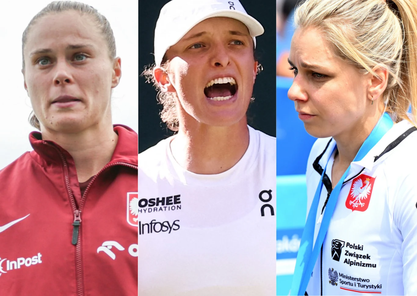 Iga Świątek, Ewa Pajor i Aleksandra Mirosław - pierwsza trójka w ankiecie wielokrotnego wyboru Trzy kobiety w sportowych strojach, każda z nich reprezentuje inną dyscyplinę sportową. Pierwsza nosi czerwony dres z logo InPost i godłem Polski, druga ma na sobie biały strój z napisem OSHEE i Infosys, nosi czapkę z daszkiem, trzecia ubrana w biały s...