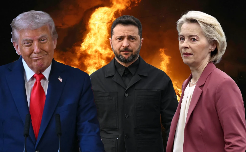 Ukraina na rozdrożu - jak potoczą się rozmowy pokojowe? Co ze wsparciem USA i Europy? Trzy znane postacie polityczne stoją obok siebie na tle płonącego ognia, każda z poważnym lub zamyślonym wyrazem twarzy, co tworzy napiętą i dramatyczną atmosferę.
