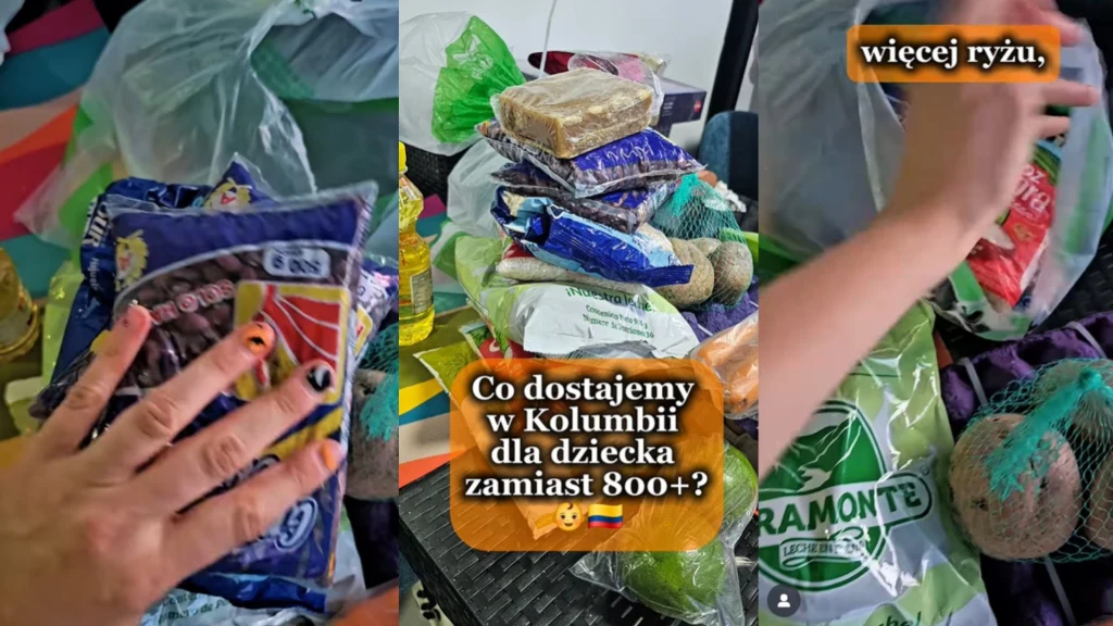 Polka pokazała co dostaje na dzieci zamiast 800 plus Ręka osoby dotykająca różnego rodzaju paczki żywnościowe, m.in. ryż, makarony, cukier i produkty spożywcze ułożone na stole, z widocznym napisem informującym, że są to artykuły otrzymywane dla dzieci w Kolumbii zamiast świadczenia 800+.