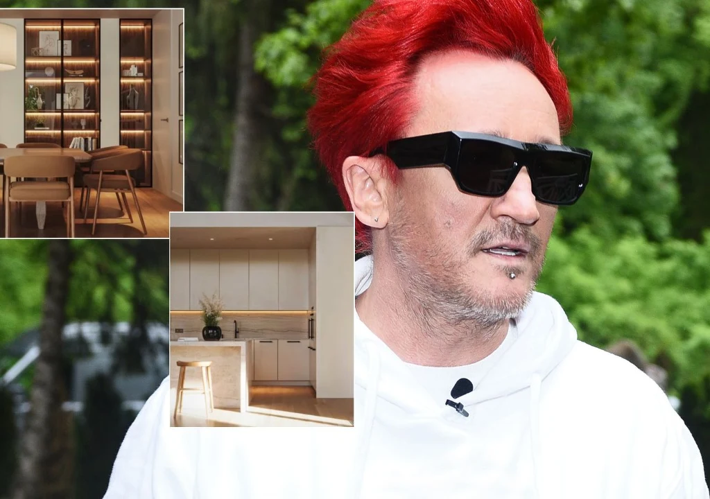 Tak będzie wyglądał luksusowy dom Michała Wiśniewskiego. Fot. https://www.instagram.com/m_wisniewski1972/ Mężczyzna w białej bluzie z jaskrawo czerwonymi włosami i ciemnych okularach przeciwsłonecznych, stojący na tle zieleni, nakładka dwóch zdjęć wnętrz nowoczesnego mieszkania z jasną kuchnią i elegancką jadalnią.
