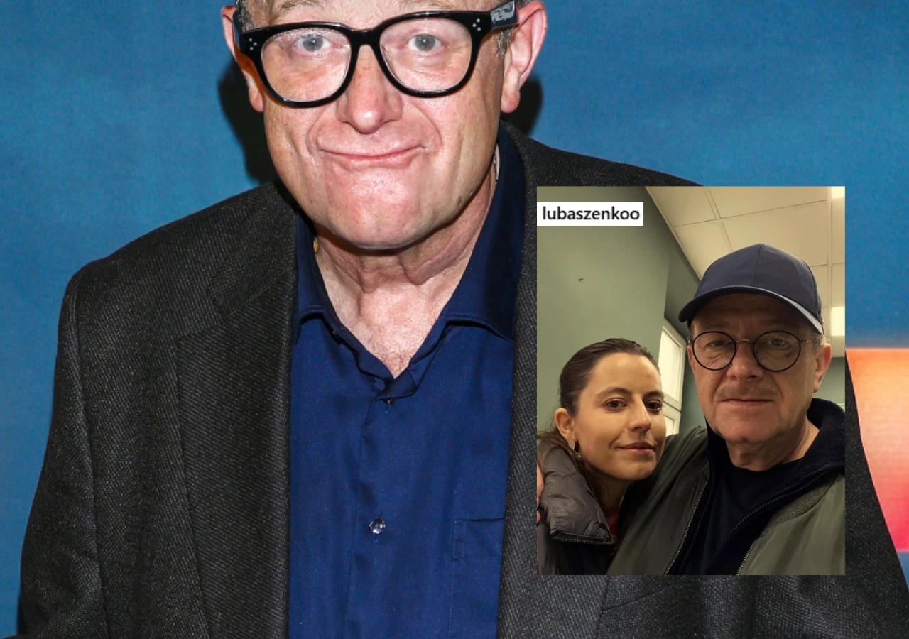 Olaf Lubaszenko z córką Marianną Linde Mężczyzna w okularach oraz granatowej koszuli i ciemnej marynarce, na tle jednolitej niebiesko-czerwonej ściany. W prawym dolnym rogu widoczna jest mniejsza fotografia przedstawiająca mężczyznę w czapce z daszkiem i okulary, obok niego kobieta. Mniejsz...