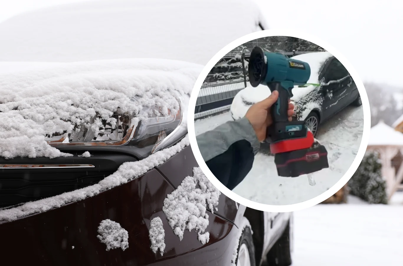 Viralowa dmuchawa do śniegu kusi kierowców. TikToker pokazuje jak działa. Zbliżenie na samochód pokryty śniegiem, z widocznym reflektorem oraz oknem i szybą z warstwą śniegu, w ramce nałożony obraz osoby trzymającej akumulatorową dmuchawę lub suszarkę na tle zimowej scenerii i zaparkowanego pojazdu.