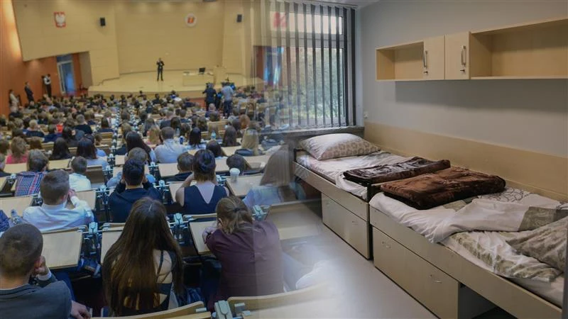 Od stycznia 2026 roku uczelnie mogą wnioskować o pieniądze na budowę i remonty akademików. Fot. PIOTR KAMIONKA/REPORTER i ANDRZEJ BANAS / POLSKA PRESS/ Połączenie sali wykładowej z widownią pełną studentów oraz wnętrza pokoju w akademiku z łóżkiem, pościelą i półkami ściennymi, jedno z miejsc widoczne przez drugie jak przez przezroczystą ścianę