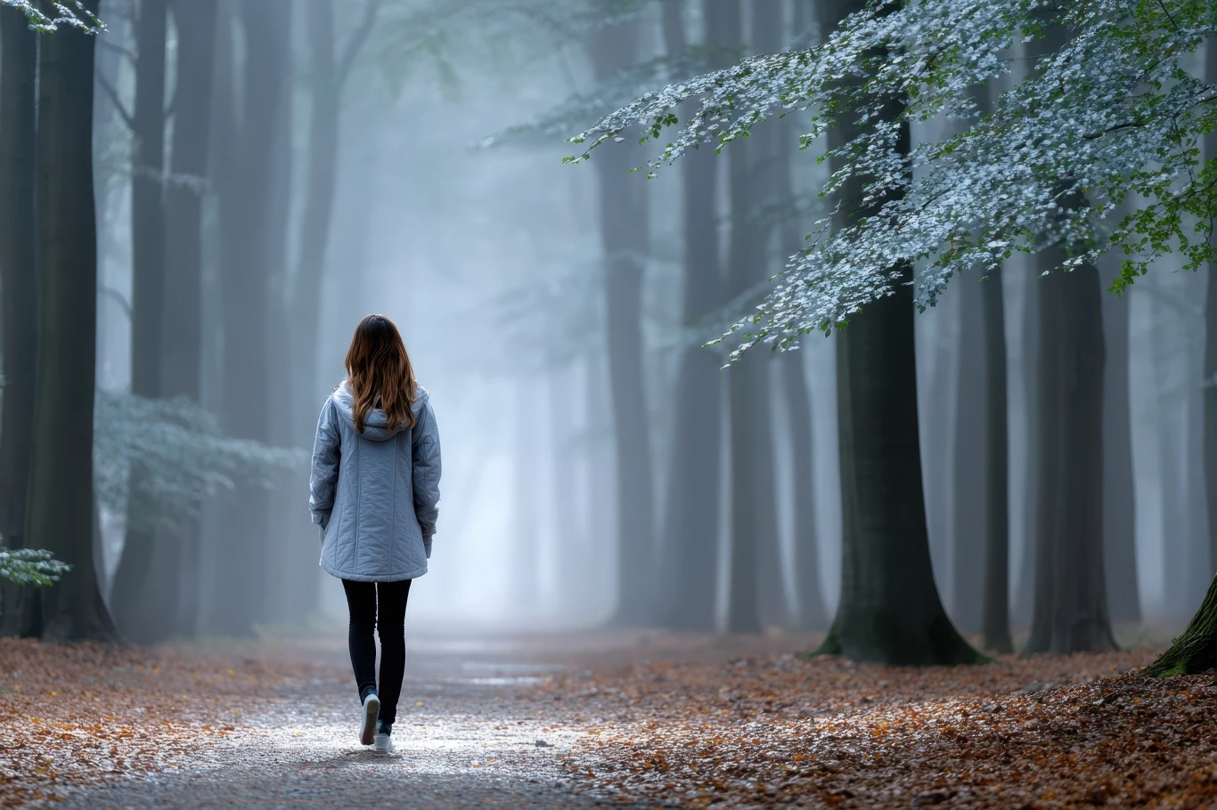 Kobieta idzie samotnie leśną ścieżką, wokół niej wysokie drzewa i opadłe liście, a w powietrzu unosi się delikatna mgła nadająca scenerii spokojny i tajemniczy nastrój.