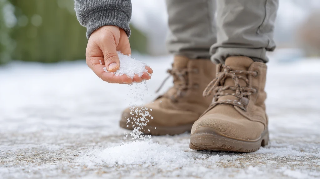 Ręka dziecka rozsypuje sól na zaśnieżonym chodniku, w tle widać ocieplane buty zimowe i fragment spodni.