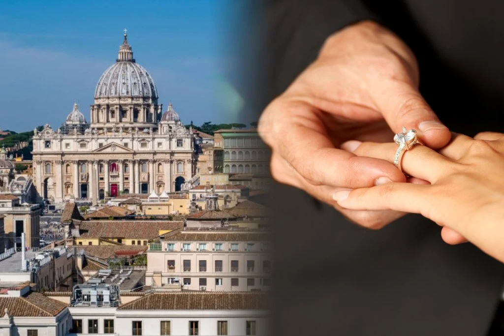 Watykan podkreśla, że małżeństwo jest wyłącznie związkiem kobiety i mężczyzn Bazylika św. Piotra na tle Watykanu oraz męska dłoń nakładająca pierścionek na palec kobiety.