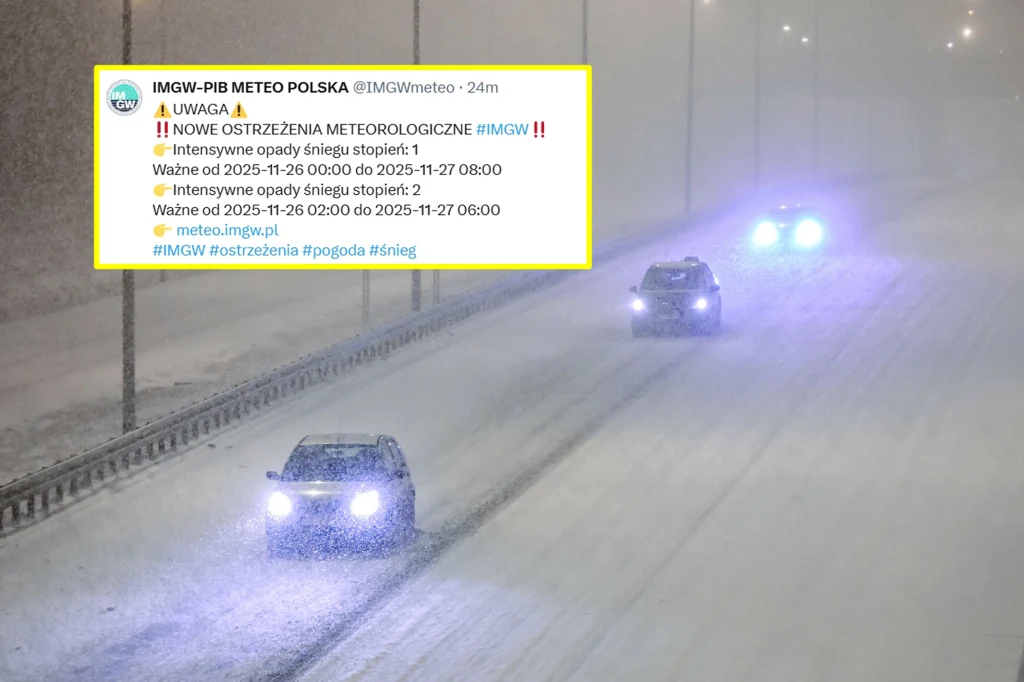 Samochody poruszające się po zaśnieżonej drodze podczas intensywnych opadów śniegu, słaba widoczność, białe światła reflektorów podkreślają trudne warunki atmosferyczne, a w lewym górnym rogu widoczny jest komunikat ostrzegawczy IMGW o zagrożeniu śnież...