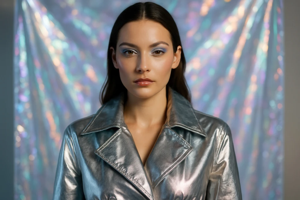 Kolor dla zodiakalnego Raka? Srebrny Kobieta o ciemnych włosach w metalicznie srebrnym płaszczu na tle holograficznej, błyszczącej tkaniny. Makijaż z niebieskim cieniem i delikatnymi ustami podkreśla futurystyczny charakter stylizacji.