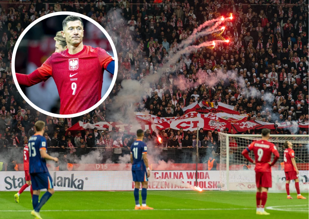 FIFA ukarała PZPN za zachowanie kibiców podczas meczu z Holandią na PGE Narodowym Piłkarze reprezentacji Polski i drużyny przeciwnej ustawieni na murawie podczas meczu, na trybunach tłum kibiców z transparentami kibicowskimi oraz odpalonymi racami. W okręgu zbliżenie na zawodnika w czerwonej koszulce z numerem 9.