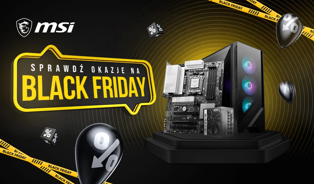 Komputer stacjonarny z podświetleniem RGB, otoczony czarnymi balonami i symbolami procentowymi, obok grafika z napisem Sprawdź okazje na Black Friday na tle żółto-czarnych pasków i logo MSI w lewym górnym rogu.