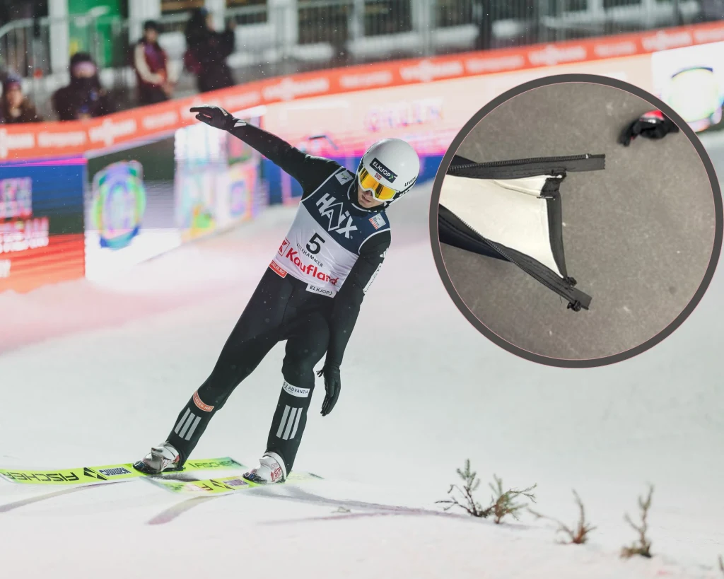 Kristoffer Eriksen Sundal, a w ramce uszkodzony zamek w jego kombinezonie Zawodnik w trakcie lądowania podczas konkursu skoków narciarskich na ośnieżonej skoczni, w tle widoczne trybuny i reklamy, w powiększeniu szczegół uszkodzonego elementu sprzętu sportowego.