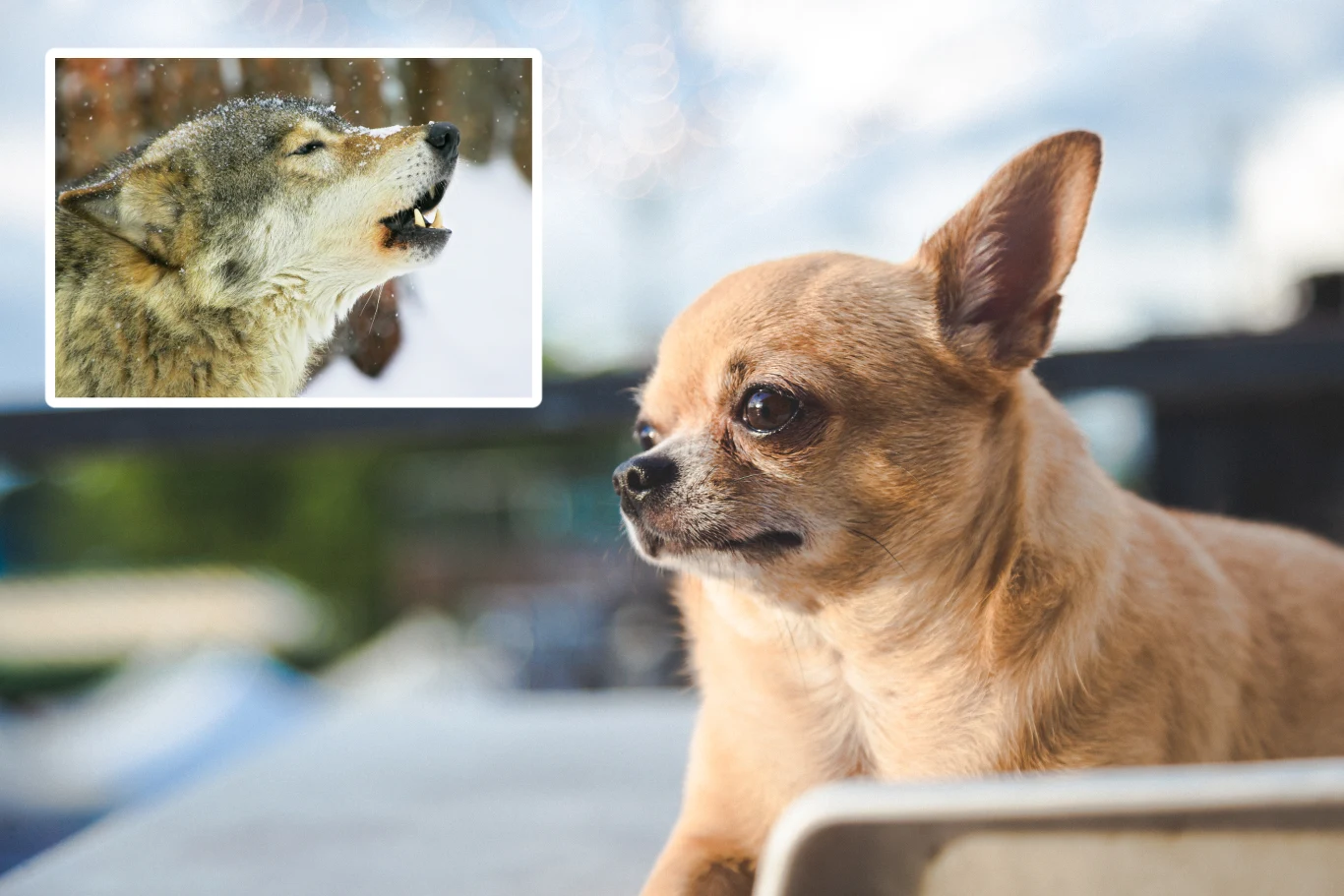 Czy twoja chihuahua ma wilcze geny? Mały pies rasy chihuahua siedzący na jasnej powierzchni, w tle rozmyte elementy plenerowe, w lewym górnym rogu wstawka przedstawiająca wyjącego wilka na tle zimowego krajobrazu.