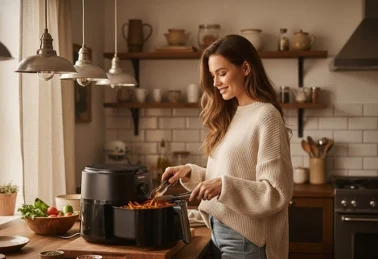 Kobieta obsługuje frytkownicę beztłuszczową.