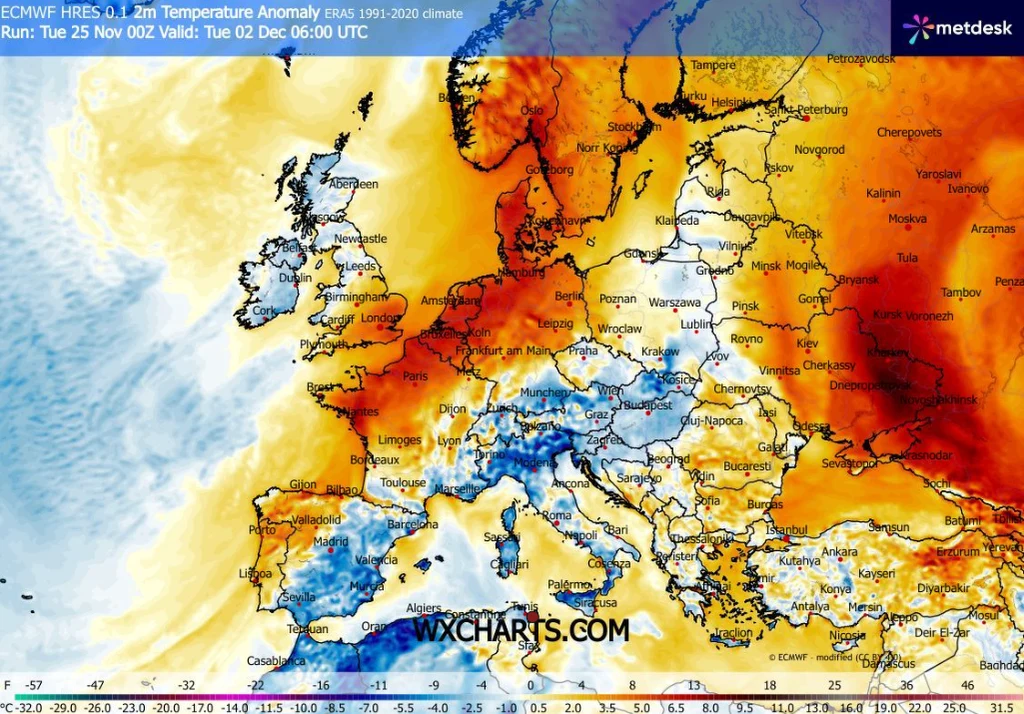 Pogoda na początku grudnia może być wyżowa i spokojniejsza niż pod koniec listopada Mapa Europy prezentująca anomalię temperatur względem średniej z lat 1990-2020, z wyraźnymi obszarami cieplejszymi od normy zaznaczonymi na czerwono i chłodniejszymi na niebiesko, obejmująca m.in. Polskę, Niemcy, Francję i Rosję.