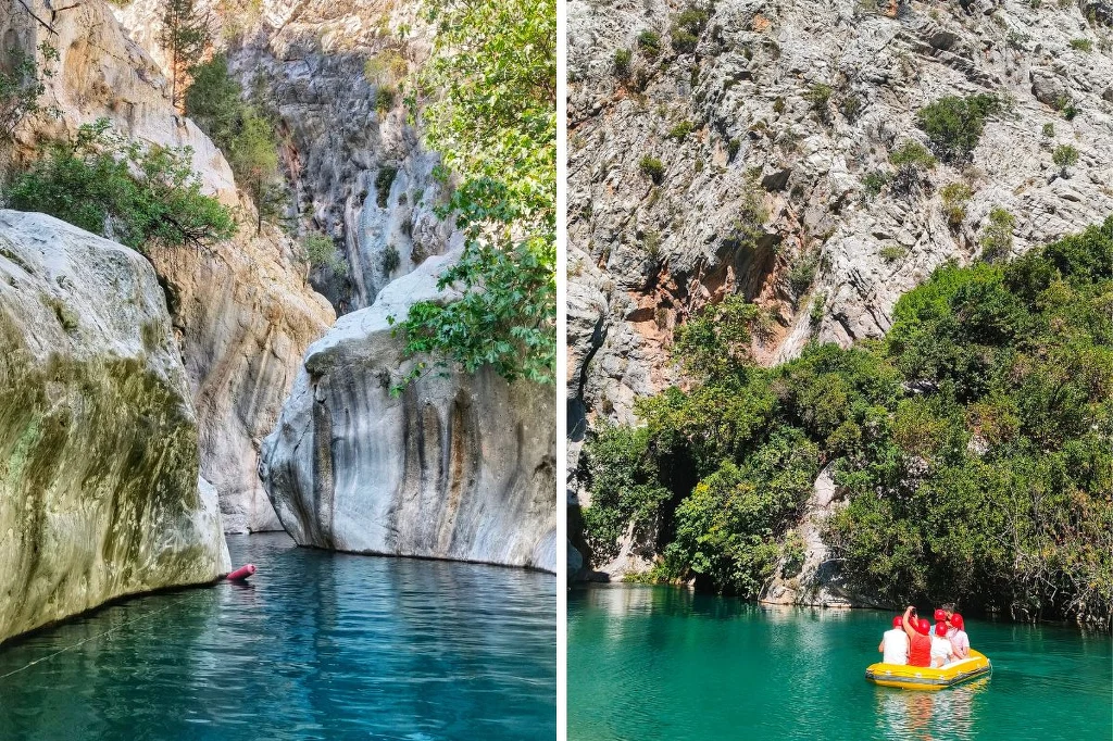 Turkusowa woda płynąca pomiędzy wysokimi, skalistymi ścianami wąwozu, częściowo porośniętymi zielonymi krzewami i drzewami, na wodzie widoczna żółta łódka z grupą ludzi ubraną w kamizelki ratunkowe.