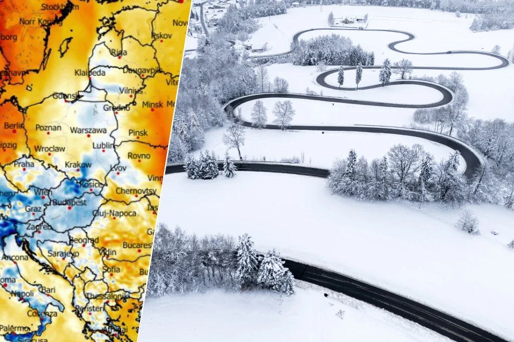 Widok pokrytej śniegiem krętej drogi biegnącej przez zimowy krajobraz oraz fragment mapy pogodowej Europy Środkowo-Wschodniej z zaznaczoną anomalią temperatury.