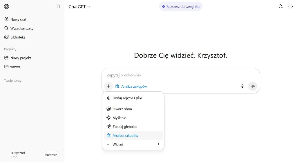 Analiza zakupów w ChatGPT. W ten sposób włączysz nowy tryb Widok ekranu komputera z otwartą aplikacją ChatGPT oraz menu rozwijanym z opcjami dotyczącymi analizy i dodawania plików. W górnej części powitanie użytkownika imieniem Krzysztof, po lewej stronie panel nawigacyjny z menu aplikacji.