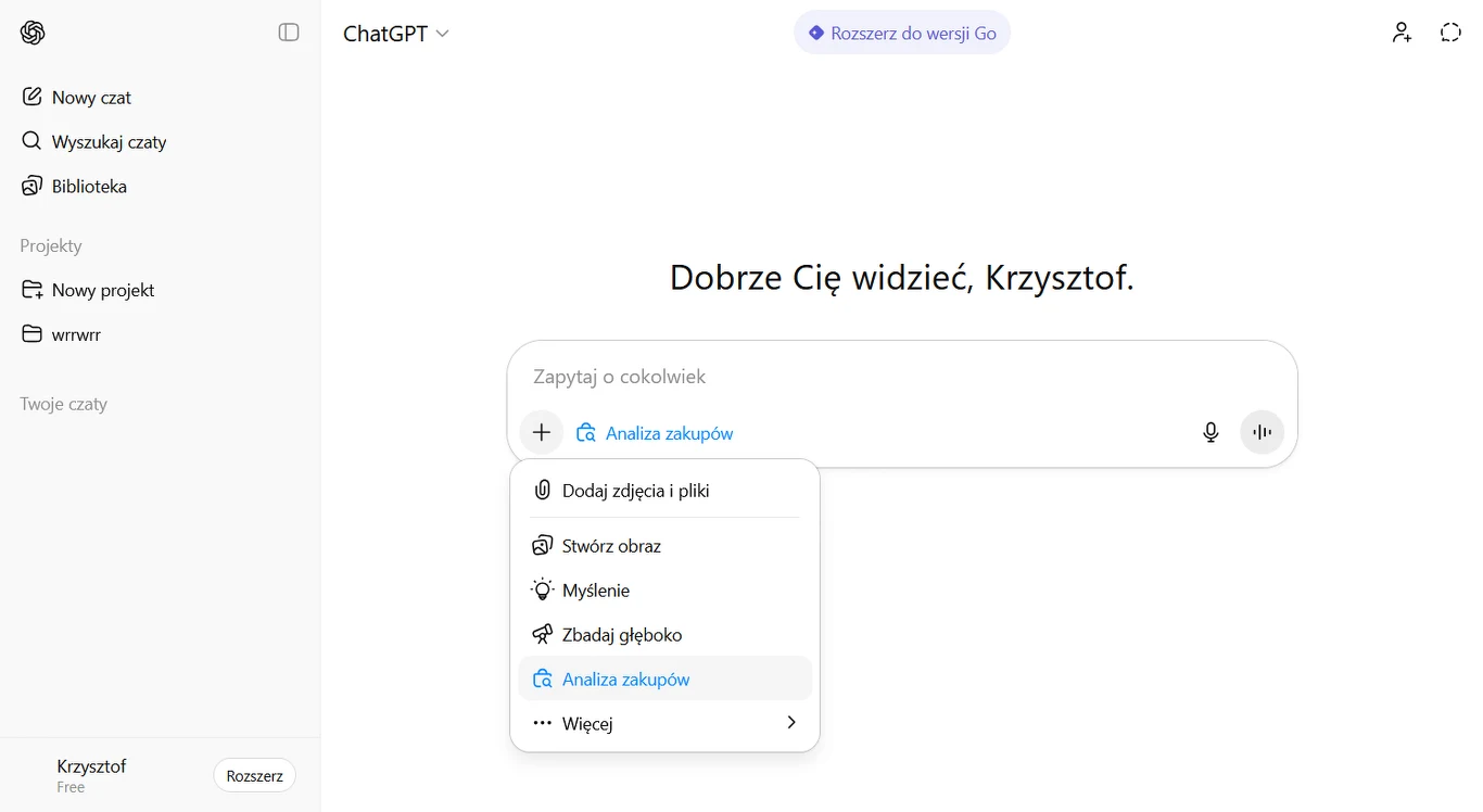 Analiza zakupów w ChatGPT. W ten sposób włączysz nowy tryb Widok ekranu komputera z otwartą aplikacją ChatGPT oraz menu rozwijanym z opcjami dotyczącymi analizy i dodawania plików. W górnej części powitanie użytkownika imieniem Krzysztof, po lewej stronie panel nawigacyjny z menu aplikacji.