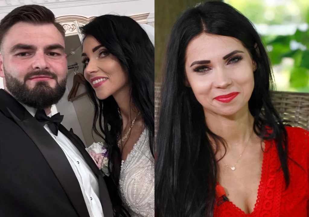 Para ubrana w eleganckie stroje podczas uroczystości ślubnej oraz kobieta z długimi, czarnymi włosami w czerwonej sukience, uśmiechnięta i pozująca samodzielnie.