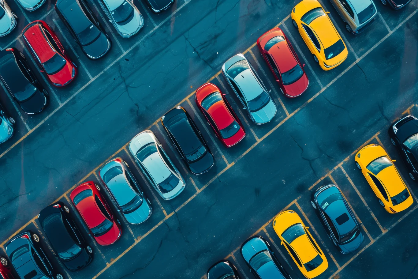 Masz brązowe lub niebieskie auto? To świadczy o twojej inteligencji. Samochody różnych marek i kolorów zaparkowane równolegle na dużym parkingu, widoczne z góry, wyraźnie oddzielone żółtymi liniami.