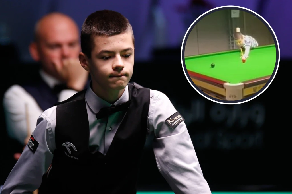 Ronnie O'Sullivan chwalił Michała Szubarczyka po wspólnych treningach Młody snookerzysta w kamizelce i muszce znajduje się przy stole bilardowym. W tle rozmyty drugi mężczyzna obserwuje rozgrywkę. W okrągłej wstawce na zdjęciu, zbliżenie na zawodnika wykonującego precyzyjne uderzenie do bile na zielonym stole snookerowym.