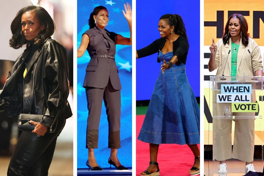 Michelle Obama w 2022, 2023, 2024 i 2025 roku Cztery sceny z życia tej samej kobiety w różnych stylizacjach i sytuacjach, od eleganckiej skórzanej kurtki, przez formalny komplet, denimową sukienkę po casualowy strój z napisem When We All Vote podczas przemówienia.