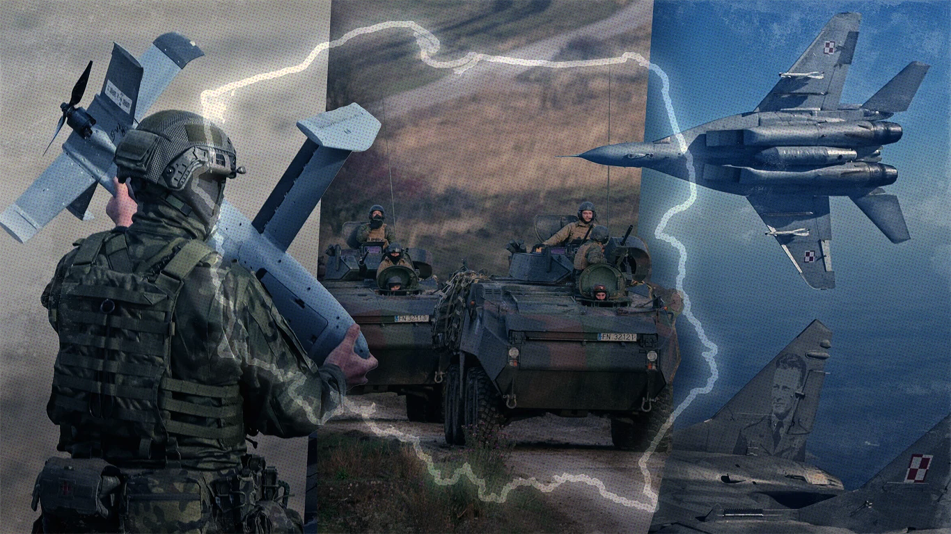 Ekspert apeluje o utworzenie dwóch baz w Polsce. "Fort Trump" i "Fort Macron"(kolaż: Aleksandra Włodarczyk/Interia.pl) Żołnierz w mundurze z wyrzutnią rakiet na tle dwóch pojazdów opancerzonych oraz lecącego myśliwca wojskowego. Elementy zdjęcia oddzielone graficznym błyskiem podkreślającym militarny charakter sceny.