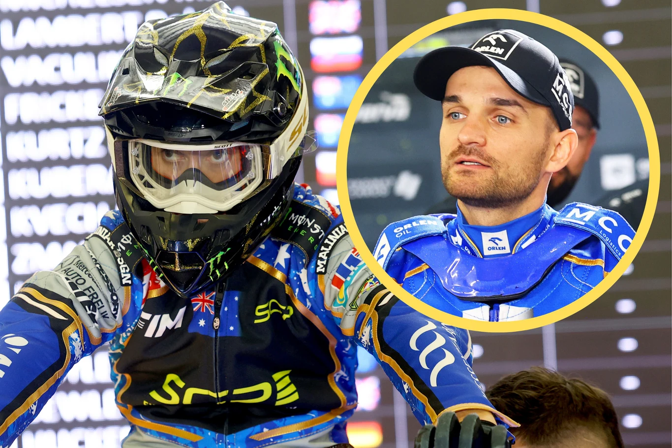 Żużlowiec w pełnym stroju i kasku na motocyklu podczas zawodów oraz zbliżenie twarzy tego samego sportowca w stroju klubowym umieszczone w okrągłej ramce.