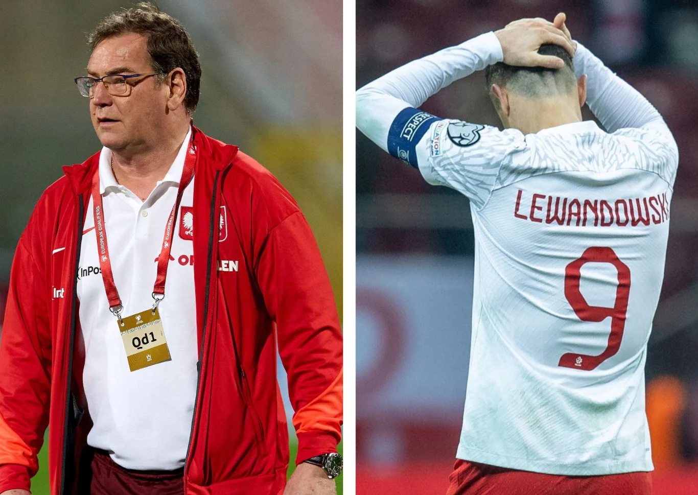 Selekcjoner Jan Urban i Robert Lewandowski Po lewej stronie mężczyzna w kurtce reprezentacji Polski stojący na boisku, po prawej piłkarz w białej koszulce z nazwiskiem Lewandowski i numerem 9 na plecach, trzymający ręce na głowie w geście rozczarowania.