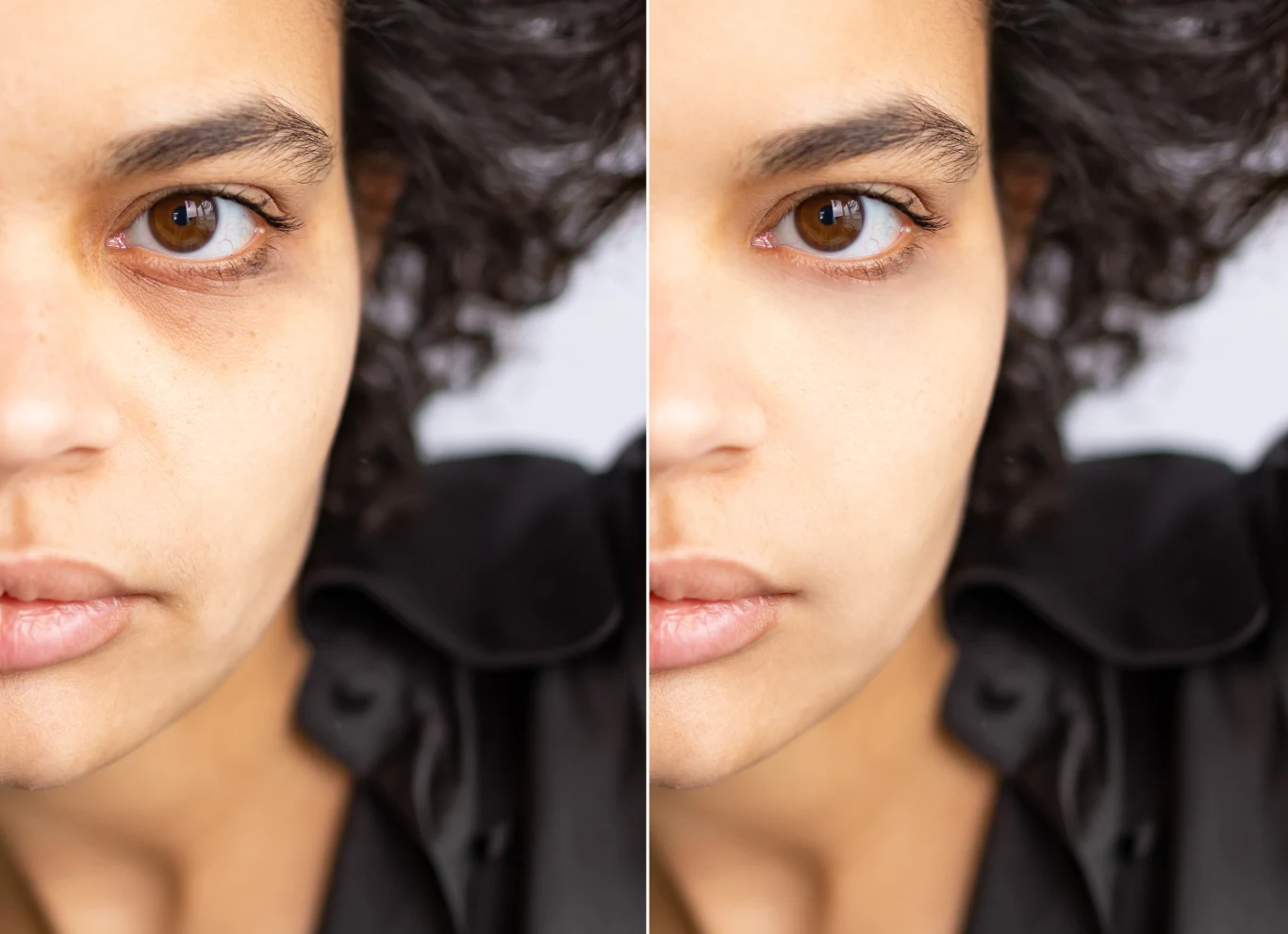 Porównanie dwóch ujęć twarzy kobiety w zbliżeniu, różniących się tonem skóry i poziomem retuszu, z naciskiem na okolice oka, policzka i ust. Kobieta ma ciemne kręcone włosy i ubrana jest w ciemną koszulę.