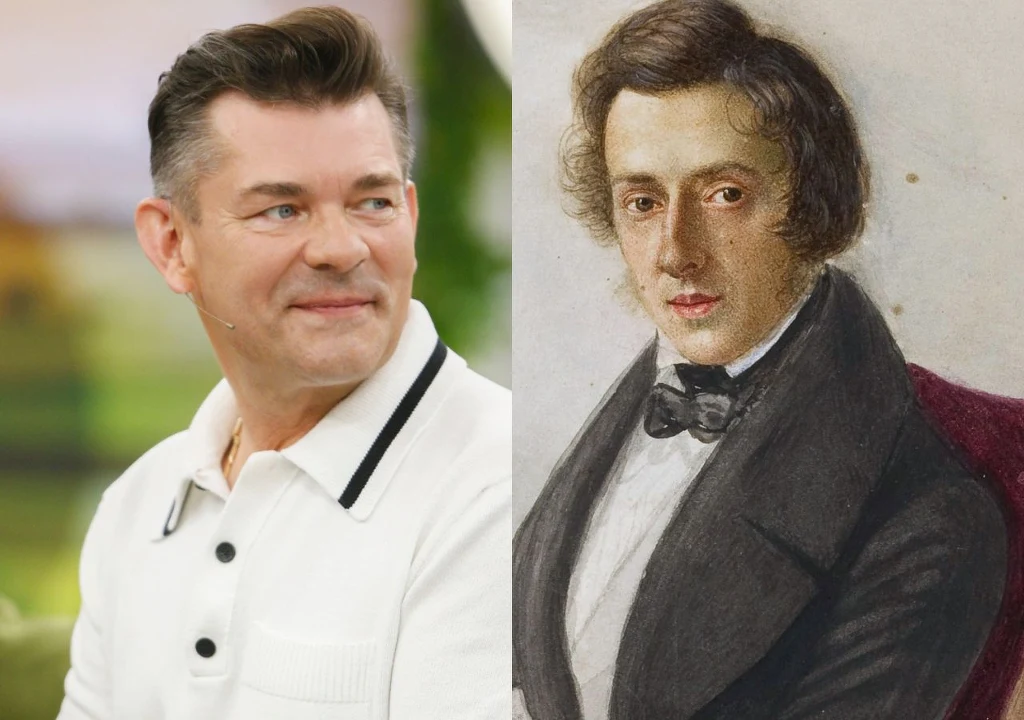 Po lewej stronie znajduje się uśmiechnięty mężczyzna w białej koszuli, po prawej ukazano klasyczny portret młodego mężczyzny w marynarce, z muszką i w ciemnych włosach.