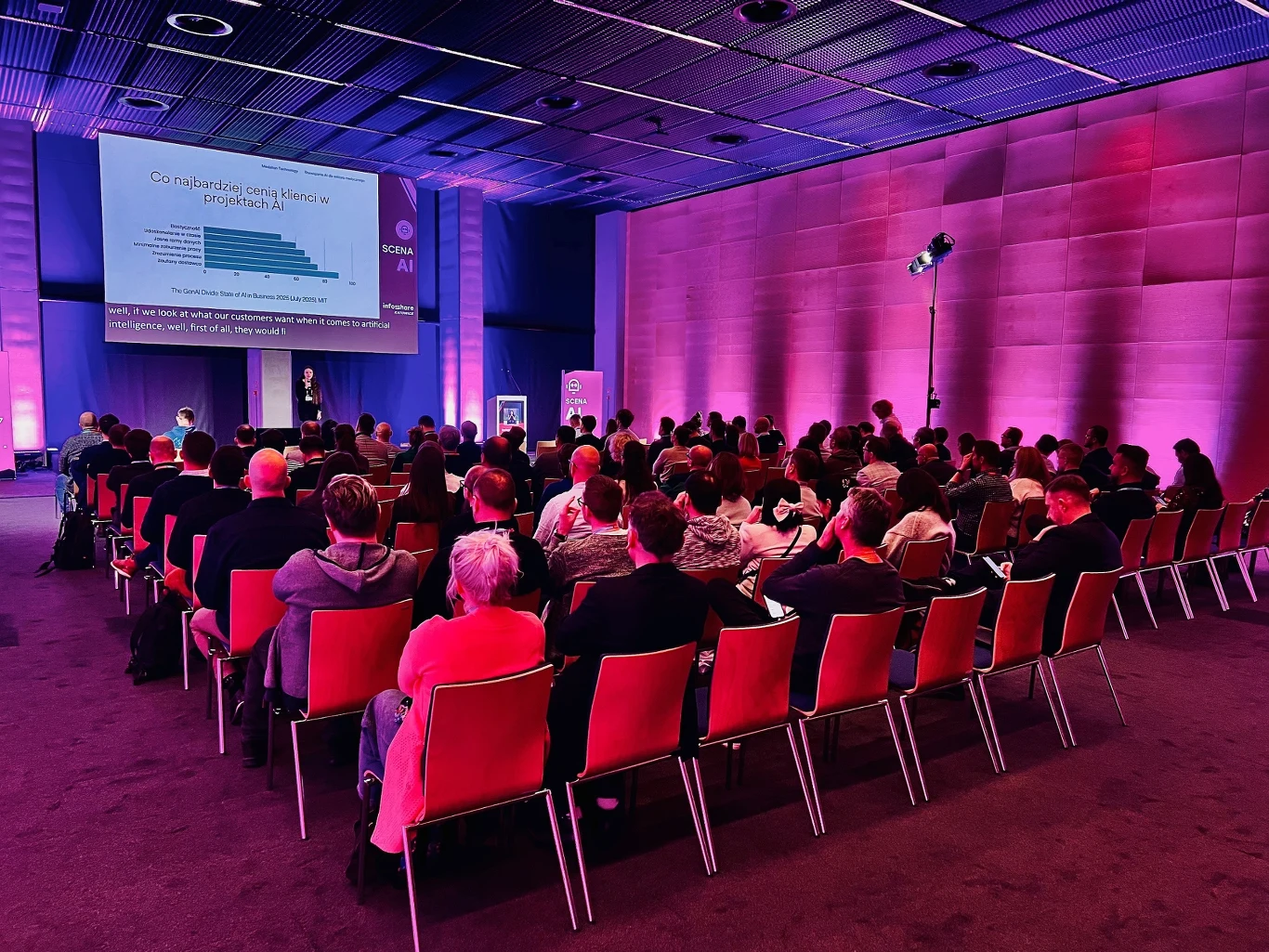 Sala konferencyjna zapełniona uczestnikami, którzy siedzą na czerwonych krzesłach i słuchają prelegenta prowadzącego prezentację wyświetlaną na dużym ekranie. Pomieszczenie oświetlone jest na fioletowo, a atmosfera jest profesjonalna i skupiona.