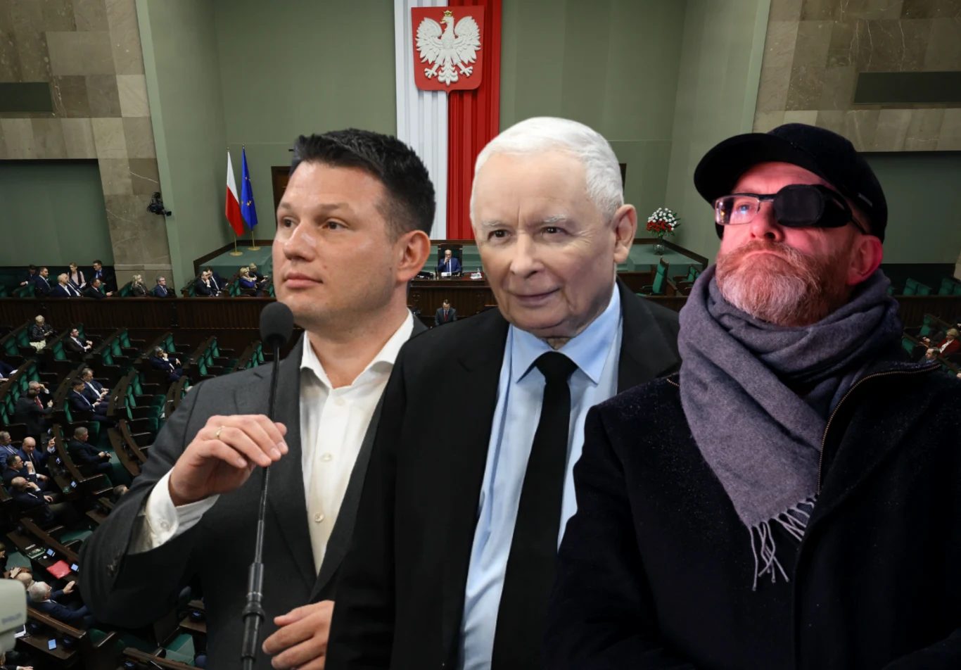 Konfederacja, Prawo i Sprawiedliwość oraz Konfederacja Korony Polskiej mają razem niemal 50 proc. poparcia - wynika z nowego sondażu Trzej mężczyźni stoją na tle sali sejmowej, w której widoczna jest polska flaga i godło. Jeden z nich stoi przy mikrofonie, drugi patrzy prosto przed siebie, a trzeci nosi czapkę, okulary przeciwsłoneczne i szalik.