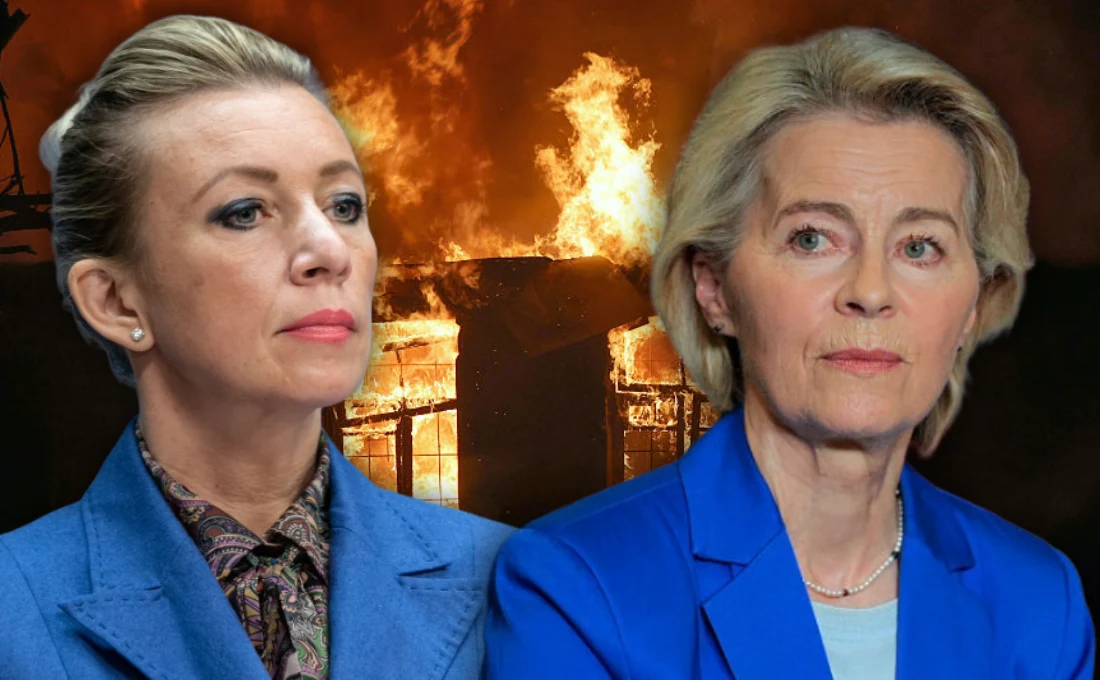 Marija Zacharowa uderzyła w Europę i Uruslę von der Leyen. Chodzi o Ukrainę Dwie kobiety w formalnych ubraniach stoją na pierwszym planie, w tle płonący budynek rozświetlony intensywnym ogniem.