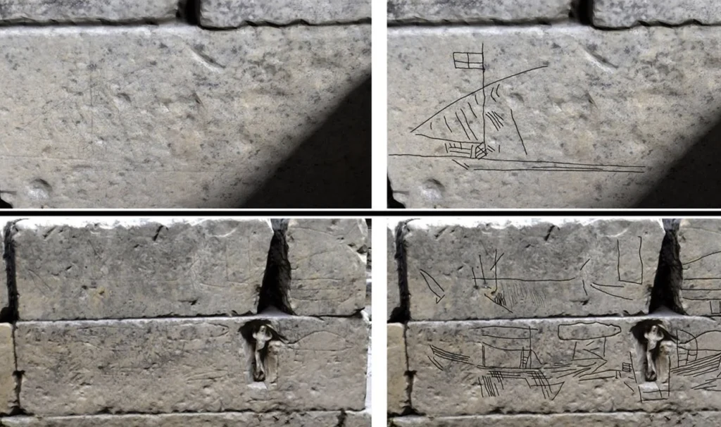 Ściany w jednej z cel. Po lewej bez cyfrowego opracowania, po prawej z uwydatnionymi rycinami o tematyce morskiej Fragment muru z cegieł, na których widoczne są wyryte rysunki oraz mały krucyfiks umocowany na spoinie między cegłami, światło i cień padają na strukturę ściany.