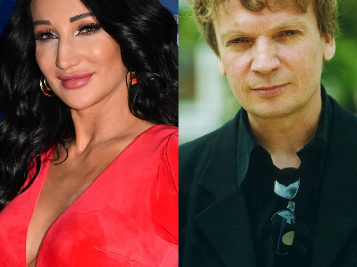 Justyna Steczkowska i Grzegorz Ciechowski Dwa portrety ustawione obok siebie, po lewej kobieta o długich, czarnych włosach w czerwonej sukni z dekoltem, uśmiechnięta, nosząca duże kolczyki, po prawej mężczyzna o jasnych włosach w ciemnej marynarce z okularami zawieszonymi na kołnierzu, patrzy ...