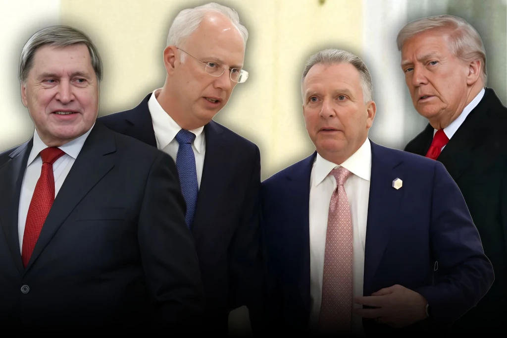 Czterech mężczyzn w garniturach stoi obok siebie, skupieni, w tle rozmyte jasne wnętrze. Każdy z nich ma poważny wyraz twarzy, noszą eleganckie marynarki i krawaty.