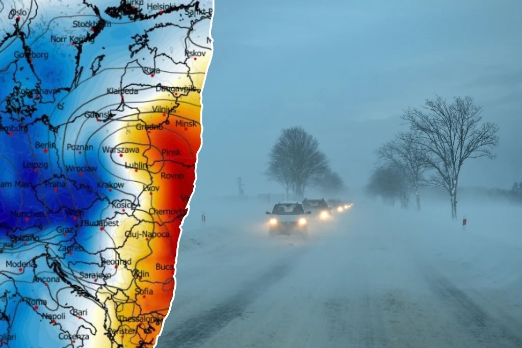Śnieżyce przejdą przez Polskę od południowego zachodu, przez centrum po północny wschód. Na południowym zachodzie w ciągu dnia będzie też najchłodniej Samochody jadące w trudnych warunkach śnieżnych na zaśnieżonej drodze, po lewej stronie wizualizacja mapy pogodowej z zaznaczonymi różnicami temperatury i oznaczonymi miejscowościami w Polsce.
