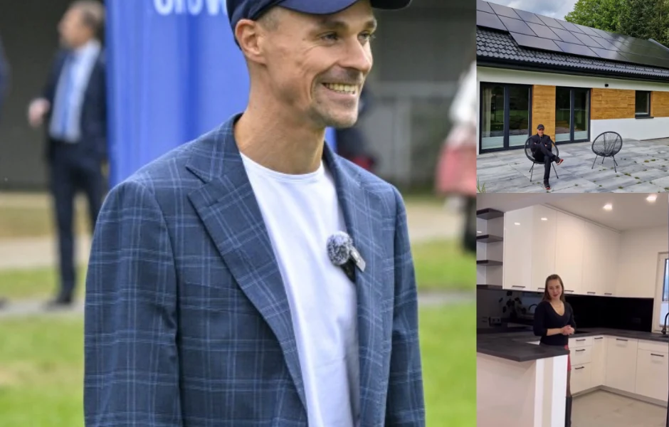 Uśmiechnięty mężczyzna w czapce i granatowej marynarce w kratę znajduje się na pierwszym planie, po prawej stronie kolażu widoczne są dwa mniejsze zdjęcia: jedno przedstawia dom jednorodzinny z panelami fotowoltaicznymi na dachu i osobą stojącą na tara...