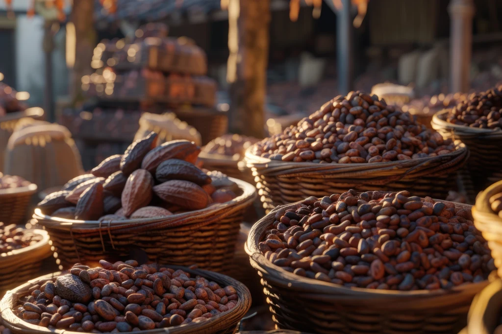 Kosze wypełnione ziarnami kakao ustawione na targowisku. W tle widoczne inne produkty spożywcze oraz lekko rozmyte kształty sugerujące ruch i gwar typowy dla bazaru.