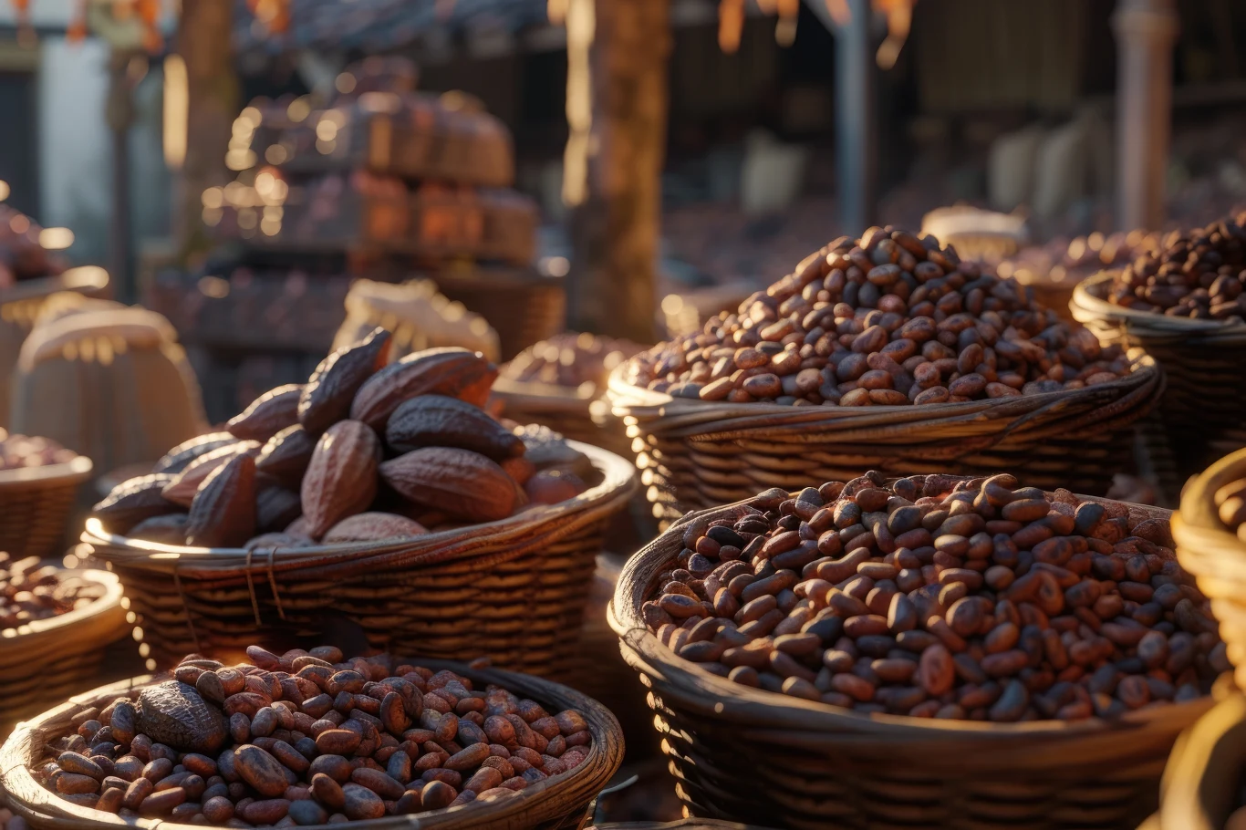Podaż kakao ostatnio wzrosła, ale popyt zmalał. Kosze wypełnione ziarnami kakao ustawione na targowisku. W tle widoczne inne produkty spożywcze oraz lekko rozmyte kształty sugerujące ruch i gwar typowy dla bazaru.
