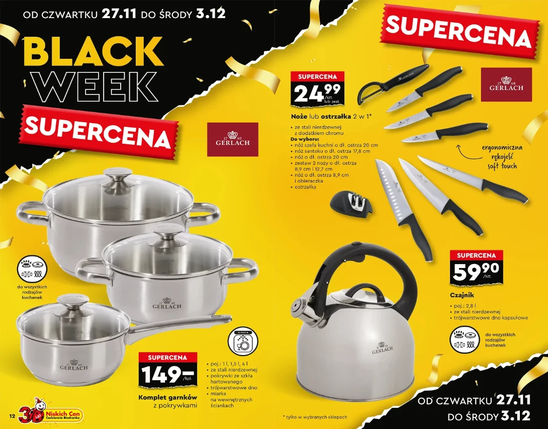 Black Week w Biedronce: garnki, czajniki i noże Gerlach w supercenach