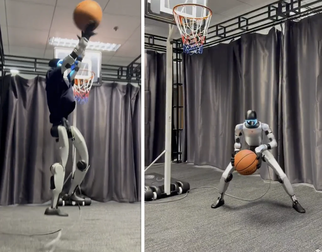 Humanoidalny robot wykonujący ruchy do gry w koszykówkę, po lewej stronie zbliża się do kosza z piłką, po prawej trzyma piłkę i przygotowuje się do rzutu, tło stanowią ciemne zasłony i siatka boiska.