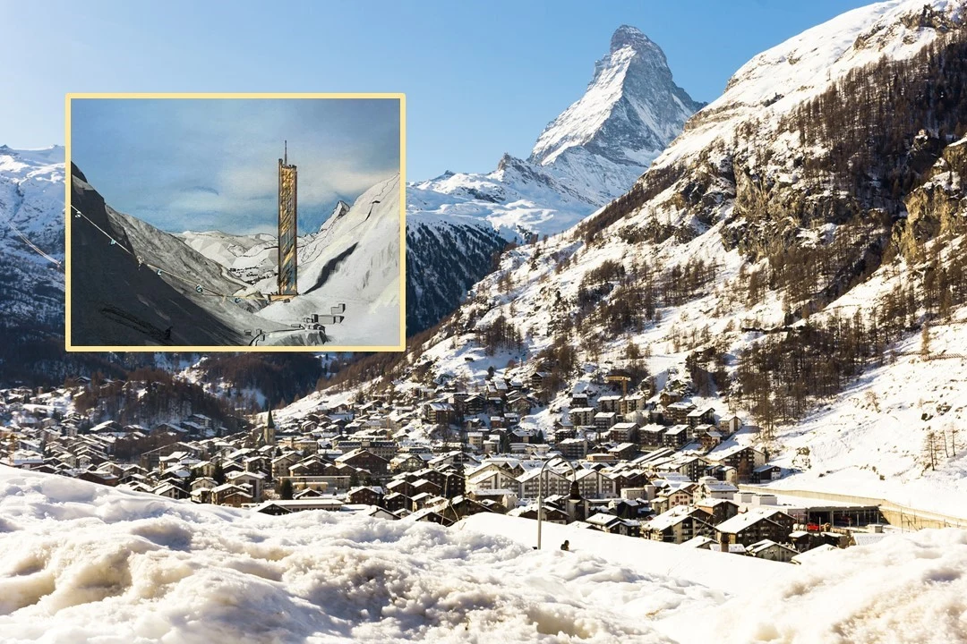 Wieżowiec Lina Peak w Zermatt. Nowy projekt u stóp Matterhornu Zaśnieżone alpejskie miasteczko położone w dolinie otoczonej wysokimi górami, w tle charakterystyczny szczyt Matterhornu oraz wkomponowany fragment krajobrazu z wysoką, wąską, nowoczesną wieżą optycznie wpasowaną w otoczenie.