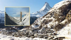 Wieżowiec większy od Varso Tower w surowym, alpejskim krajobrazie